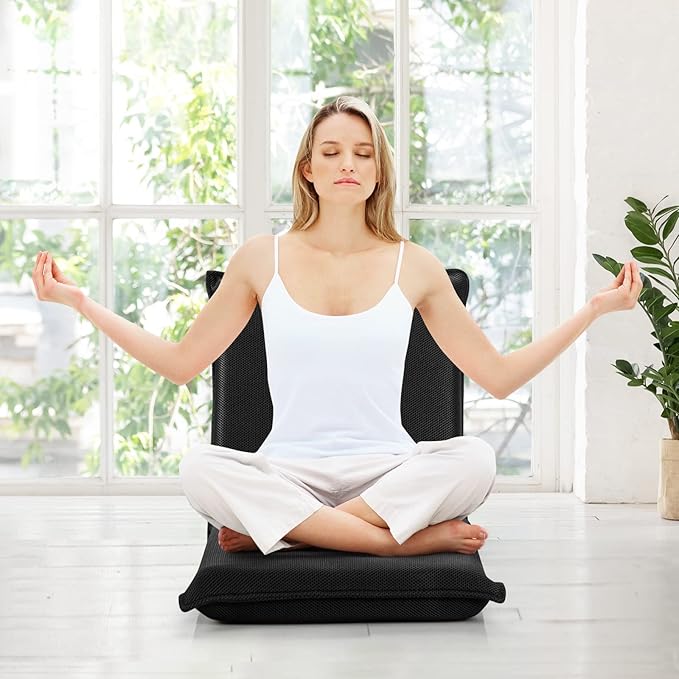 MAT EXPERT Adjustable Floor Chair 6-Position Mesh Floor Gaming Chair Folding Lazy Sofa Padded Lounger Recliner Cushioned Floor Chair with Back Support for Reading Meditating (Black)