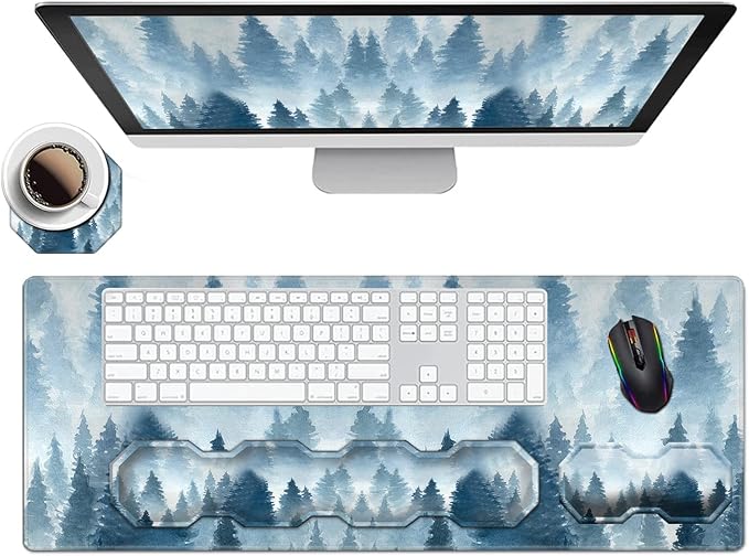 Large Gaming Mouse Pad + Keyboard Wrist Rest + Mouse Wrist Rest Support Set+ Coaster Ergonomic Memory Foam Multifunctional Desk Mat 4pcs for Computer Home &amp OfficeForest Tree