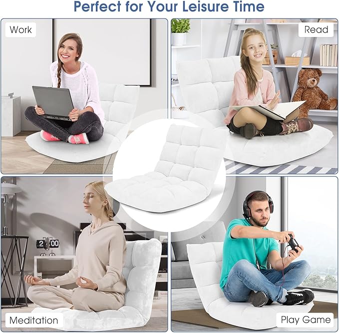 GORELAX Memory Foam Floor Chair 14-Poistion Adjustable Reading Gaming Chair Recliner Folding Cushioned Meditation Chair with Back Support Padded Lazy Sofa for Adults Kids (White)