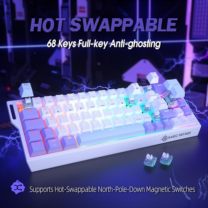 ZIYOU LANG X Magic-Refiner X68HE 8KHz Rapid Trigger Mechanical Gaming Keyboard60% WiredHall Effect Magnetic SwitchAdjustable ActuationRGB BacklitSnap Tap RGB Backlit for PC/Mac Purple&ampWhite