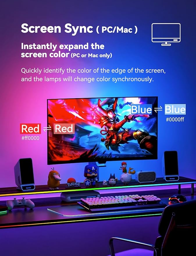 Monitor LED Backlights for PC &amp Mac LED Strip Light Sync with Screen Color/Music Computer Light Bar Behind Screen LEDs for Desk Gaming USB Port Software Control G100 (4-Side 27inch)