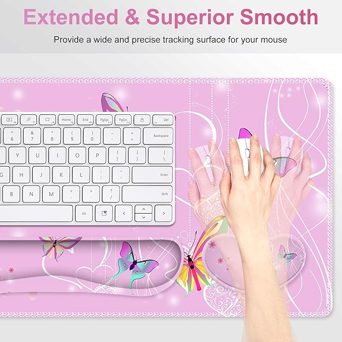 Pink Butterfly Desk Mat Florals 4 in1 Large Gaming Mouse Pad Set Ergonomics Keyboard Pad with Memory Foam Wrist Rest Extended Game Mousepad Non-Slip Desk Protector Matt Easy Typing Pain Relief