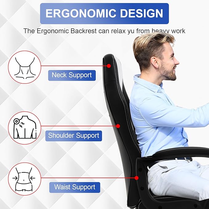 Gaming Chair PU Leather Chairs Ergonomic Office Chair Executive Computer Chairs High Back Computer Task with Lumbar Support Adjustable Height White