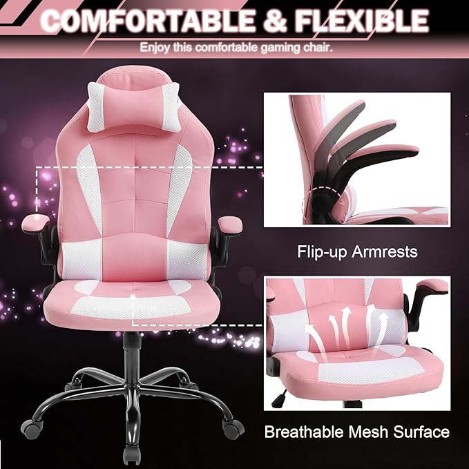 Gaming Chair Racing Chair with Lumbar Support - High Comfort PU Leather Ergonomic Office Desk &amp PC Gaming Chair for Adults Men Women - Flip-Up Arms &amp Headrest Pink
