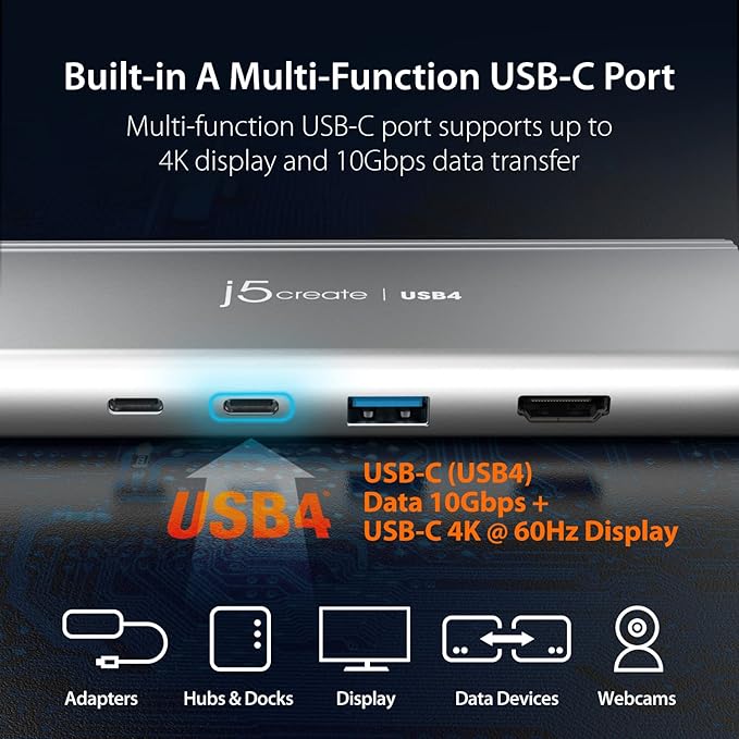 j5create USB4 Dual 4K Multi-Port Hub - 5 in 1 USB4 Hub Dual 4K Display (HDMI DisplayPort or USB-C) USB-A 2 x USB-C Ports for Macbooks Windows Thunderbolt 3/4 Laptops (JCD401)