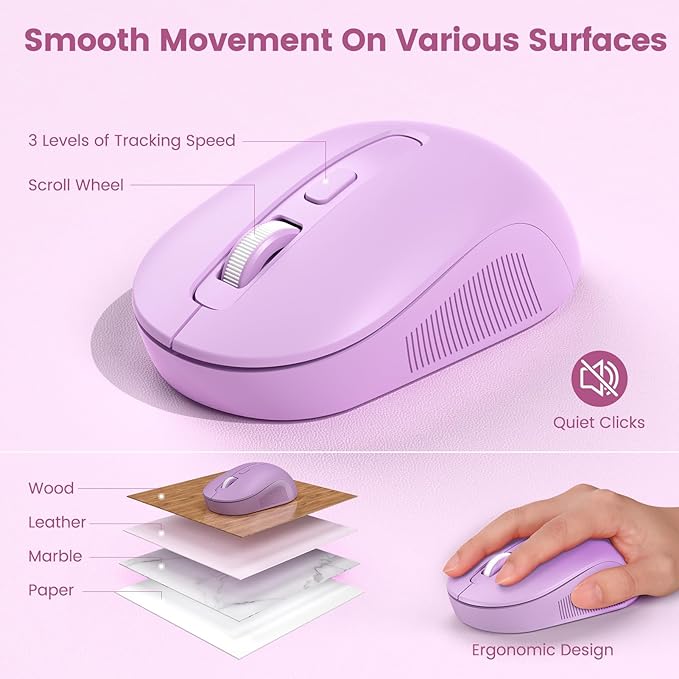Wireless Keyboard and Mouse Combo-Round Keycaps Full-Size Retro Typewriter Keyboard with Detachable Wrist Rest Sleep Mode &amp Tilt Legs 2.4GHz Cordless Connection for Mac/Windows/PC (Lavender Pur