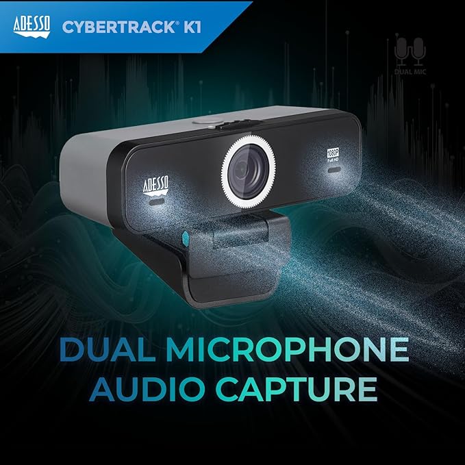 Adesso CyberTrack K1 1080P Full HD Fixed Focus USB Webcam with Adjustable View Angle Built-in Dual Microphones Privacy Shutter Audio/Video Mode Privacy ON/Off Switch &amp Tripod Mount