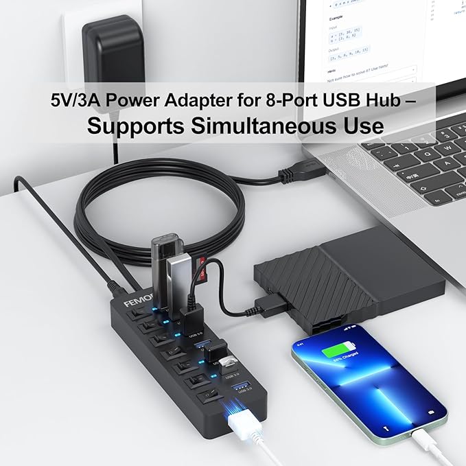 Powered USB Hub 3.0 5Gbps Data Transfer 7 Ports and 12W Charging-only 1 Port with 5V/3A Power Adapter 4Ft Long Cable &amp Individual Switches for Laptop PC Flash Drive External SSD HDD Keyboard Mous