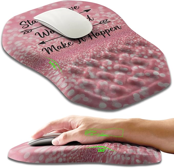 Ergonomic Slope Mouse Pad Wrist Support Wrist Rest Mousepad for Carpal Tunnel Pain Relief with Massage Bulge and Slow Rebound Memory Foam (12x8 inch Pink Stay Positive)