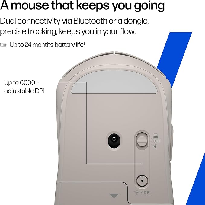 HP 400 Quiet Wireless Mouse Dual Bluetooth &amp 2.4GHz Soft Silicone Quiet Clicks Microsoft Wheel 24-Month Battery 6000 DPI Ambidextrous Eco-Friendly Design Multi-OS Maple