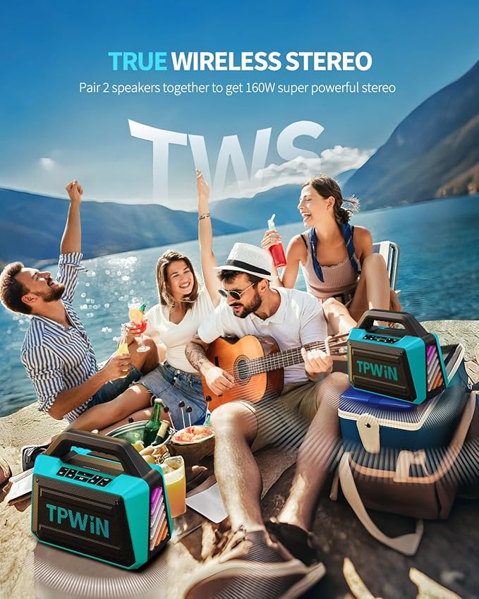 Powerful 80W Outdoor Bluetooth Speaker: IPX6 Waterproof Rugged 20H Playtime Deep Bass Lightshow TWS BT 5.3 Wireless Portable for Travel Hiking Camping Beach Pool - Teal