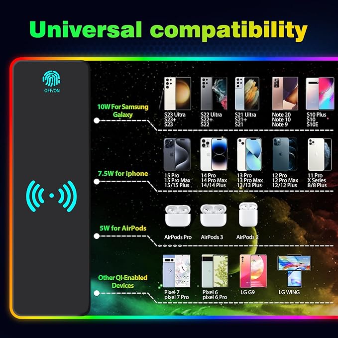 AIMSA Wireless Charging RGB Gaming Mouse Pad 15W Extended LED Desk Mat Protector 800x300x4MM 14 Light Modes Extra Large Mousepad Non-Slip Rubber Base Desk Mat Nebula Universe