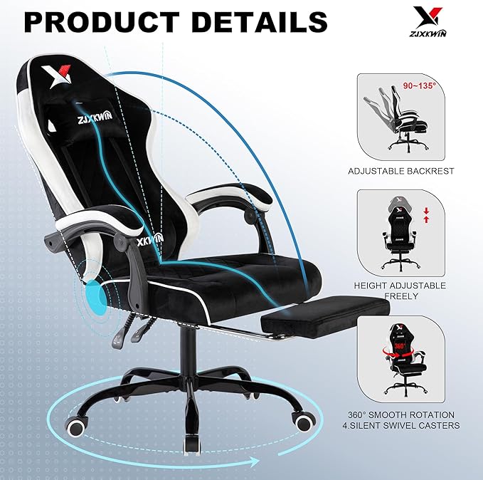 Gaming Chair with Footrest Ergonomic Computer Chair with Headrest &amp Lumbar Support Skin-Friendly Velvet Adjustable Height &amp Backrest Linked Armrest for Gamer Home Adults Office RestWhite