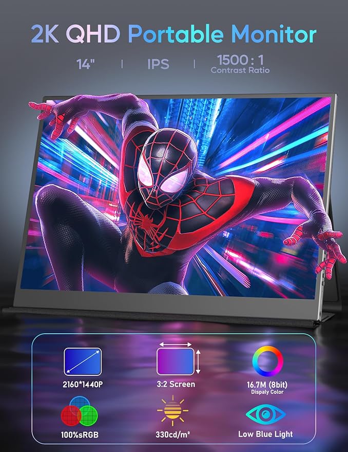 Portable Monitor 14inch 2K Laptop Monitor USB C HDMI Gaming Ultra-Slim IPS Display Smart Cover &amp Speakers 2160 * 1440P Screen for Laptop HDR External Monitor for Laptop PC Phone Mac Xbox