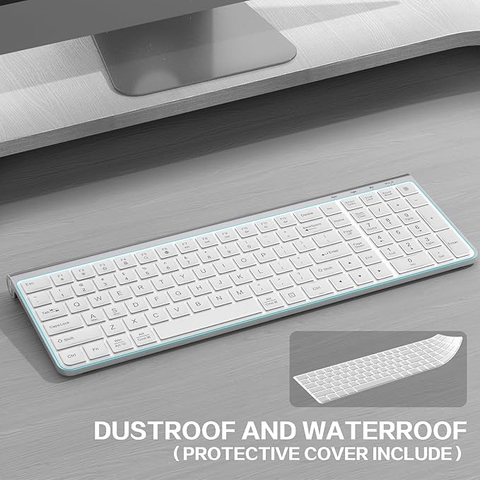 JOYACCESS Wireless Keyboard ErgonomicDustproof2.4G Slim and Compact Quiet Wireless Keyboard with Number Keypad for Windows MacBook Pro/Air Laptop Desktop PC-Sliver&ampWhite