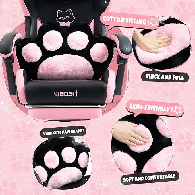 Gaming Chair Cute Cat Computer Chair with Footrest and Headrest Ergonomic Gaming Office Desk Chair with Lumbar Cushion Height Adjustable 360° Swivel Recling Chairs for Women Men