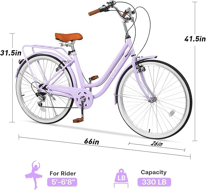 26 Women's Cruiser Bike 7-Speed City Bike Duable Bar Featuring Convenient Basket &amp Rack Perfect Adult Bicycle for Commuting Leisure and Stylish Comfortable Rides Purple