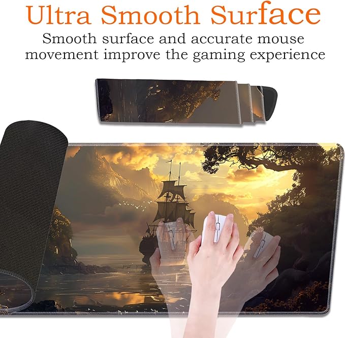 Large Gaming Mouse Pad Keyboard Wrist Rest Pad + Mouse Wrist Pad + Coaster 4 in 1 Set Extended Waterproof Non-Slip Desk Mat Suitable for Office Home Learning Games Pirate Ship