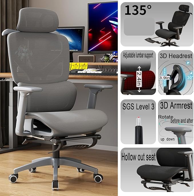 Ergonomic Chair Mesh Office Desk Seat Adjustable Lumbar Support 135° Recline 330LBS Capacity High Back Computer Chair with Wheels for Home Office Gaming Study(All Gray)