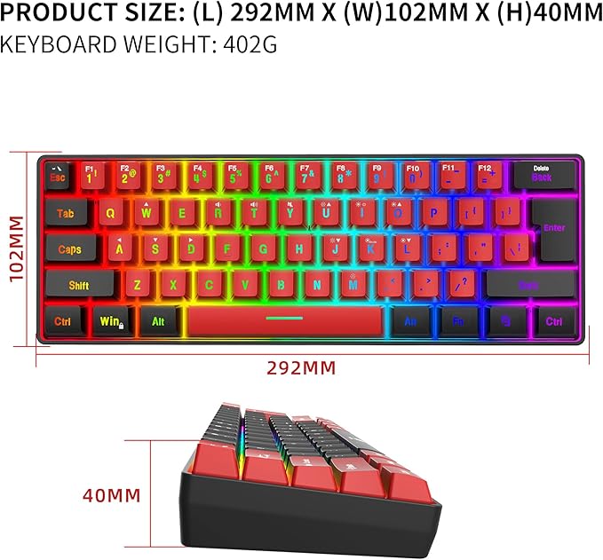 Snpurdiri 60% Wired Gaming KeyboardTrue RGB Small Compact 61 Keys Mini Keyboard for PC/Mac Gamer Typist Travel Easy to Carry on Business Trip(Black-Red)