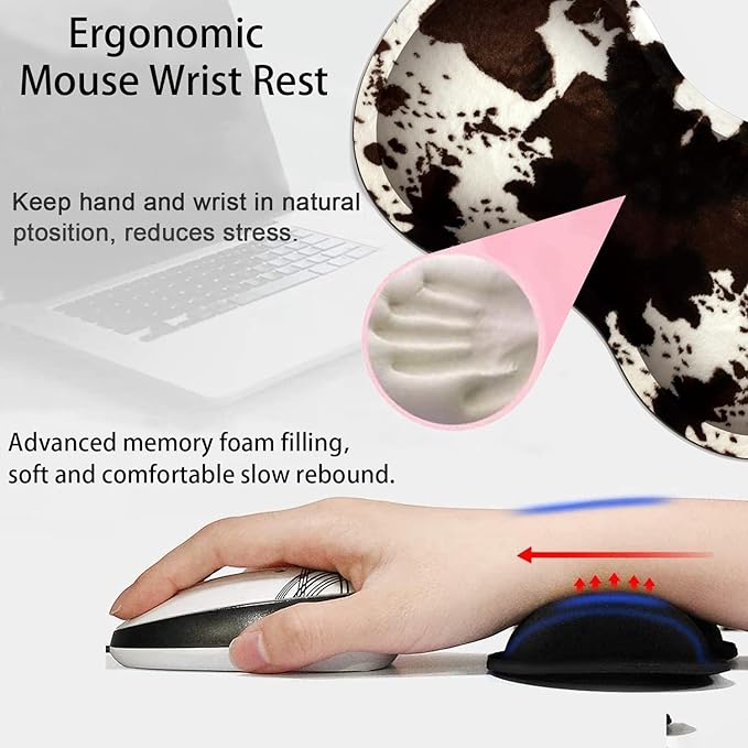 Large Gaming Mouse Pad + Mouse Wrist Rest Pad + Coaster Combination 31.5 x 11.8 Durable Non-Slip Extension Table Mat Suitable for Office and Home Cow Hide Print