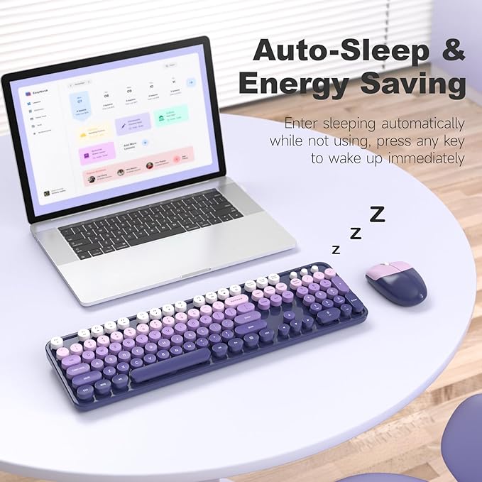 Wireless Keyboard and Mouse Combo MOWUX Full Size Typewriter Retro Round Computer Keyboard Cute Optical Mouse Wireless Plug and Play for Laptop PC Computer- Purple Gradient
