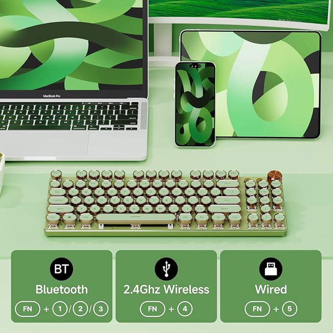 EWEADN V20 Green Typewriter Keyboard87 Keys Backlit Typewriter Style Mechanical Keyboards Media Control Knob Wired/BT5.0/2.4G Typewriter Style Computer Keyboards Pink Switch for Windows/Mac/PC