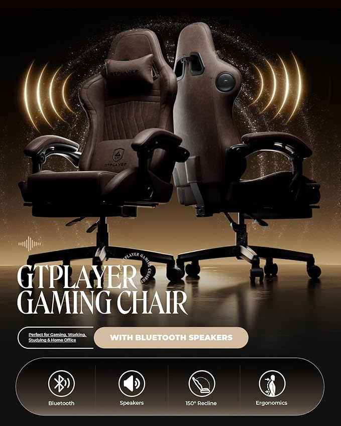 GTPLAYER Gaming Chair with Speakers Video Game Chairs with Footrest PC Gamer Chairs for Adults - Padded High Back Ergonomic Reclining Silla Gamer Linkage Armrest Ace Pro Light Brown