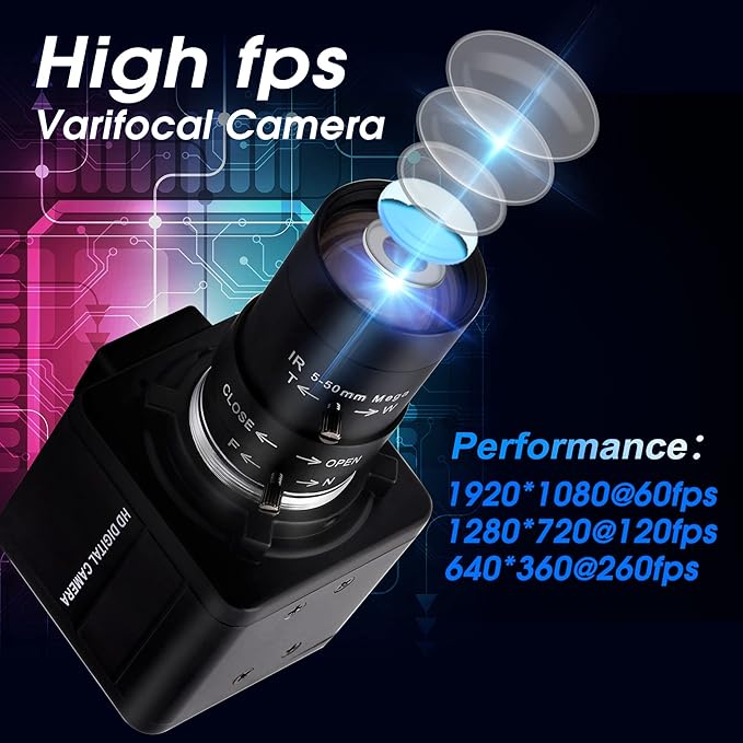 260fps Variable Focus Camera Optical Zoom Webcam2mp FHD 1080P Varifocal Web Cam Manual Zoom Lens WebcameraRaspberry Pi Mac Vari-Focus USB Web CameraClose-up Monitoring Varifocal Cameras