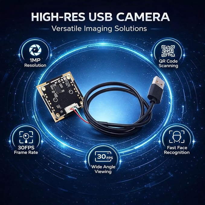 USB Camera Module 1MP 720P 60 Degree View 30FPS Frame Rate Black - QR Code Scanning Face Recognition USB Plug and Play