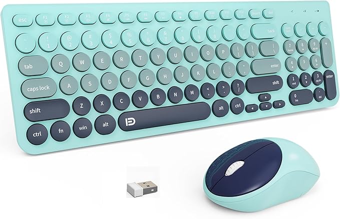 FD Wireless Keyboards and Mouse Combo - 2.4GHz USB Cordless Cute Wireless Keyboard Round Keys Quiet and Slim Set for Laptop Computer TV and Mac - Indigo Blue Colorful
