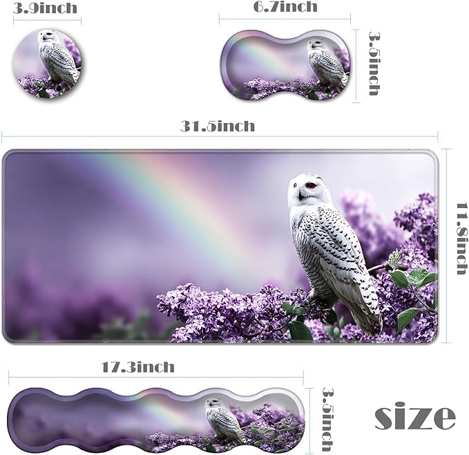 Ergonomic Keyboard Wrist Rest &amp Mouse Pad Wrist Rest SetXL Gaming Desk Mat 31.5x 11.8Non-Slip BaseMemory FoamEasy Typing Pain Relief for Office &amp HomeRainbow Floral Owl
