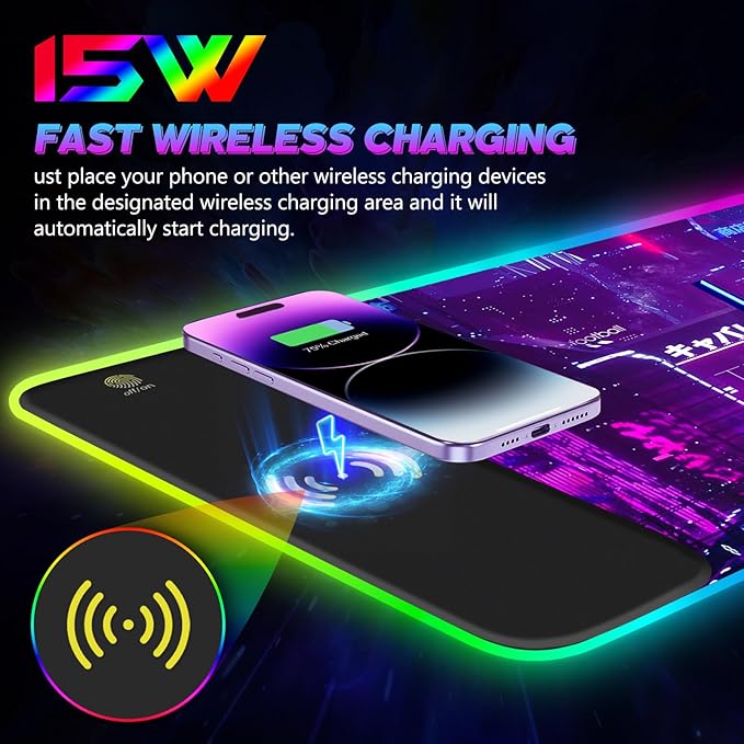 RGB Mouse Pad with 15W Wireless Charging Purple Anime Neon Extended Large LED Gaming Mouse Pad Non-Slip Rubber Base 10 Light Modes Desk Pad for Home Office-Warrior Cat