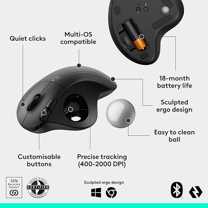 Logitech Ergo M575S Wireless Trackball Mouse Wireless Ergonomic Mouse with Bluetooth and Encrypted Dongle Comfortable Thumb Control Precise and Smooth Tracking for PC/Mac - Black Silver Ball