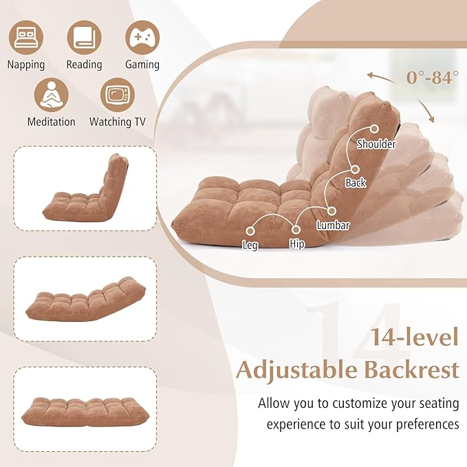 14-Position Lazy Sofa Chair with Soft Coral Fleece Folding Gaming Chair Couch Recliner Floor Seat for Reading Meditating Yoga (Tan)