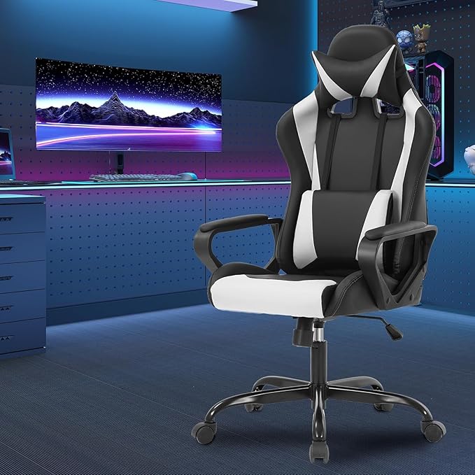 Gaming Computer Office High Back Desk Executive PU Leather Rolling Task Ergonomic Adjustable Swivel Chair With Lumbar Support and Headrest White