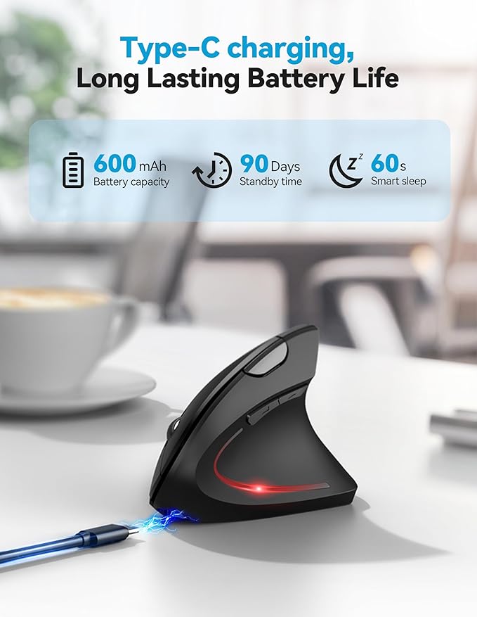 TECKNET Ergonomic Mouse Rechargeable Bluetooth - 4800 DPI Vertical Mice 6 Adjustable Levels Wireless Optical Carpal Tunnel Mouse Right Hand Multi Device for Laptop PC Computer MacBook - Black