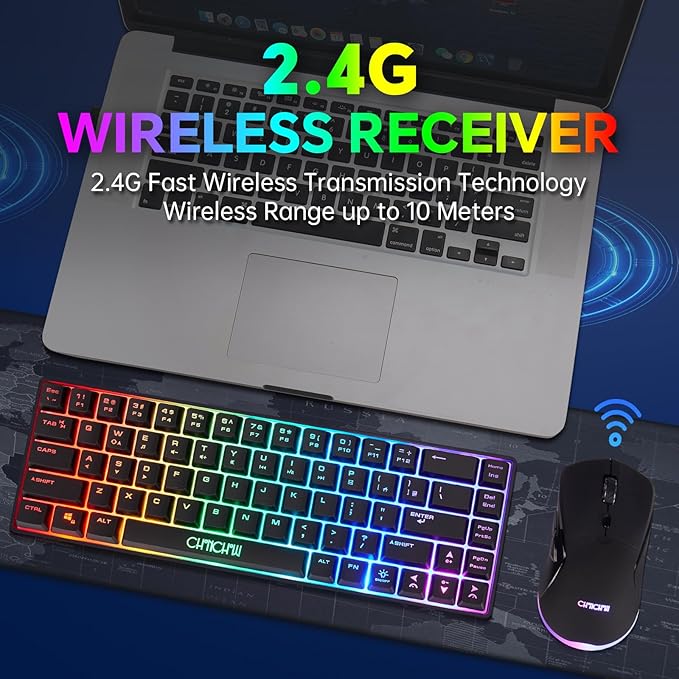 CHONCHOW 60% Wireless Gaming Keyboard and Mouse ComboLED Backlit Rechargeable 2000mAh Battery Portable 68 Keys Waterproof Small Compact Keyboard Mice for PC/Mac Gamer(Wireless)