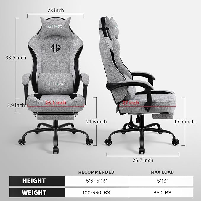 Gaming Chair Computer Office Chair with Foot Rest Ergonomic Fabric Desk Chair with Adjustable Lumbar Support &amp Headrest Comfortable PC Reclining Gaming Chairs for Adults Silla Gamer 350lbs