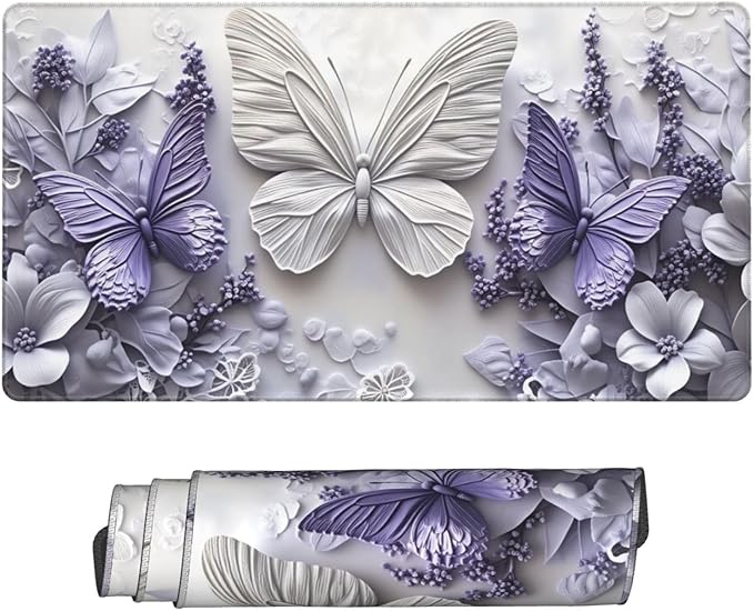 Purple Floral Butterfly Desk Cover MatExtended Large Mouse PadComputer Laptop Mat Desk Decor for Office Game Home 30x16 Inch