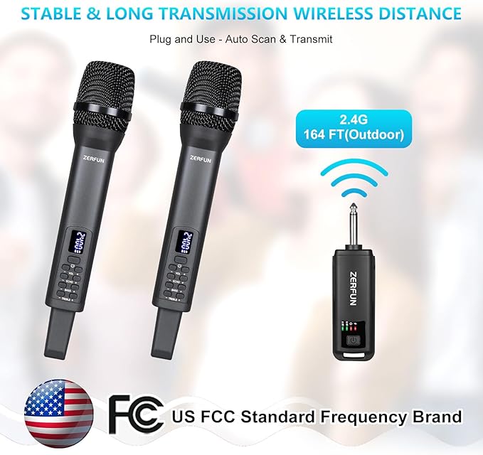 Rechargeable Wireless Microphones Dual Pro Handheld Cordless Mics System Dynamic with Echo Treble BASS VOL Control for Karaoke Singing Church Party 1/4'' Output D240 Grey