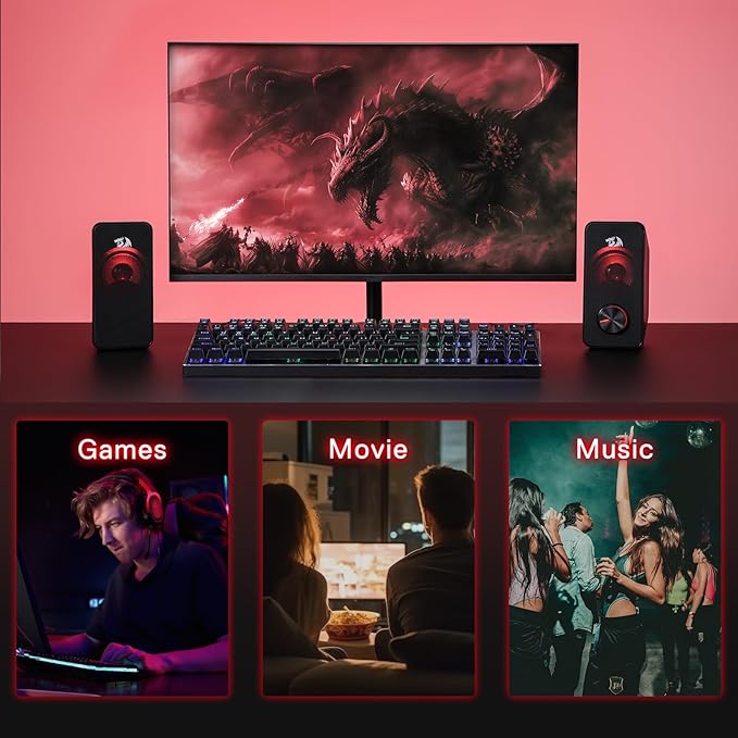 Redragon GS500 Stentor PC Gaming Speaker 2.0 Channel Stereo Desktop Computer Speaker with Red Backlight Quality Bass and Crystal Clear Sound USB Powered with a 3.5mm Connector