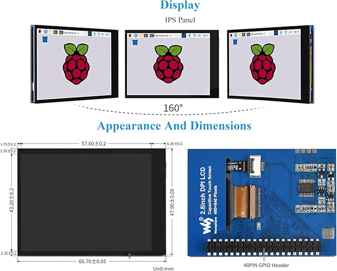2.8inch DPI LCD Screen Compatible with Raspberry Pi 5/4B/3B+/3B/3A+/Pi Zero/Zero W/WH/Zero 2W 480x640 Resolution IPS Display 5-Points Capacitive Touch Control Optical Bonding Toughened Glass Cover