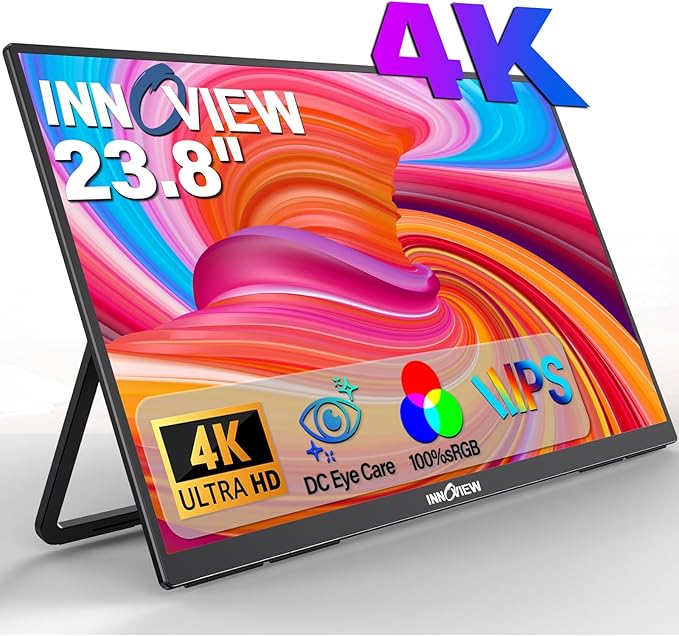 Innoview 23.8” 4K Large Portable Monitor UHD (3840*2160) 100%sRGB IPS Speakers USB-C HDMI Work Home Second Monitor W/180°Adjustable Stand for Laptop Desktop Macbook Phones Tablet PS5/4 Switch