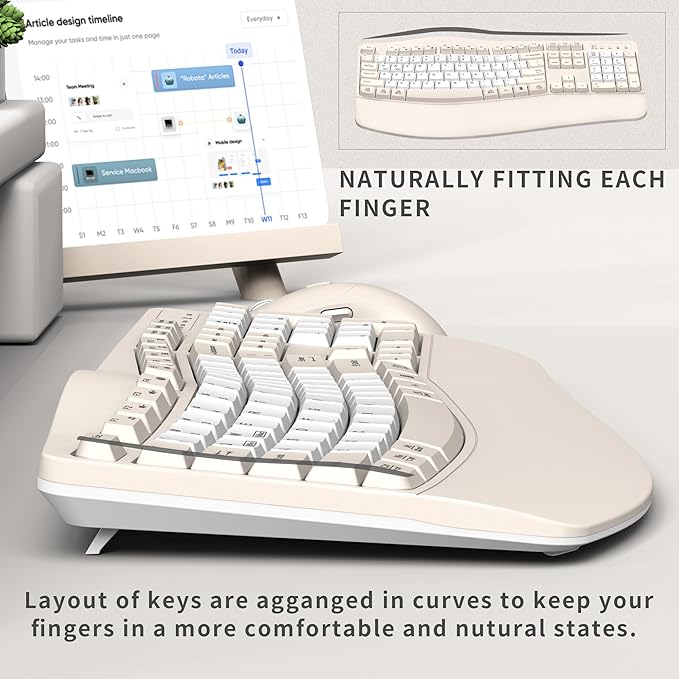 Ergonomic Wireless Keyboard and Mouse Combo Wave Keys Keyboard with Wrist Rest for Natural Typing 3 DPI Adjustable Ergonomic Silent Mouse for Computer/Laptop/Windows/Mac (Latte Color-B)