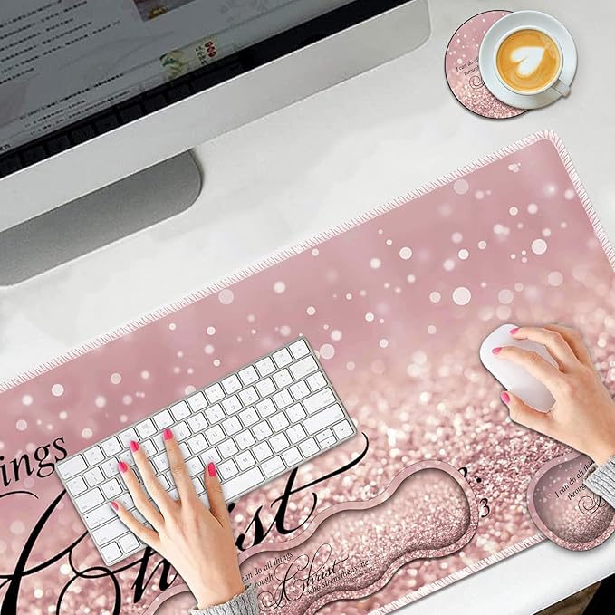 Large Mouse Pad Set Desktop Mouse Pad + Keyboard Wrist Pad + Mouse Wrist Pad + Coaster Ergonomic Memory Foam Multi-Functional Desk Mat - Bible Verse Pink Glitter Phil 4-13