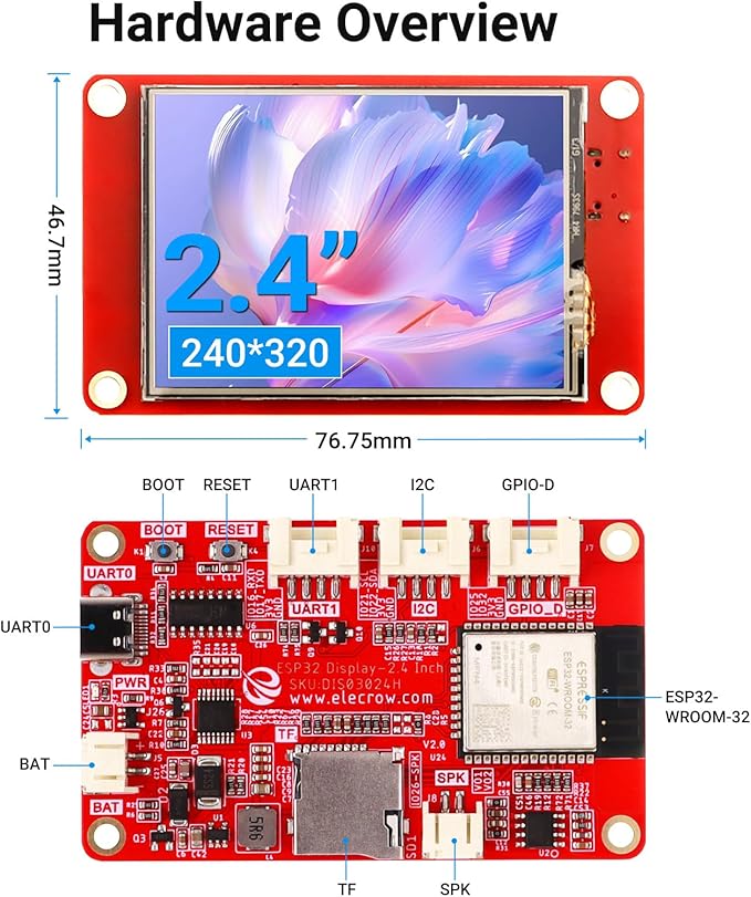 ELECROW ESP32 Display 320×240 2.4 Inch HMI Touch Screen SPI TFT LCD Touchscreen with Acrylic Case 32-Bit LX6 Dual-Core Processor Up to 240MHz Compatible with Arduino LVGL PlatformIO MicroPython