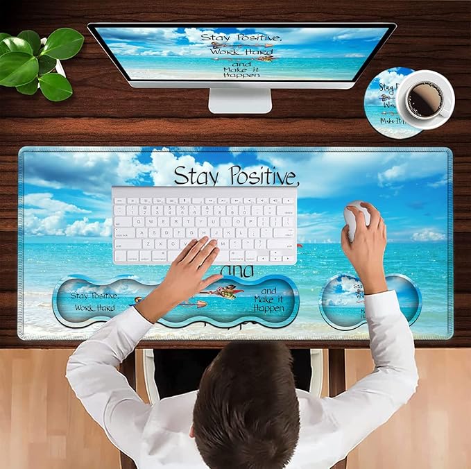 Ergonomic Keyboard Wrist Rest + Large Mouse Pad + Mouse Wrist Support Set Memory Foam Mouse Wrist Non-Slip Rubber Base for Easy Typing Extended Gaming Mousepads XXL Blue Sky Sea Desk Mat Decoration