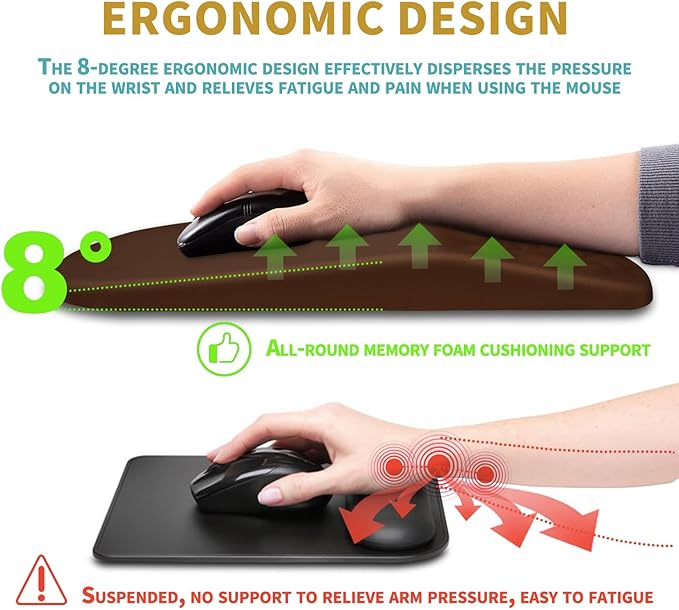 Hokafenle Ergonomic Mouse Pad Wrist Support with Massage Design Wrist Rest Pain Relief Mousepad with Memory Foam&ampNon-Slip PU Base Mouse Pads for Wireless Mouse &amp Desk (12x8 inchBrown)