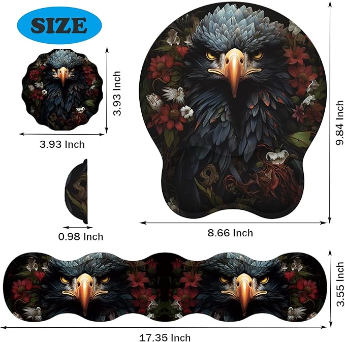Ergonomic Keyboard Wrist Support Pad and Wrist Support Mouse Pad Anti-Slip with Gel Memory Mouse Pad Set Suitable for Office Use/Home Use - Dark Skull Flower Eagle